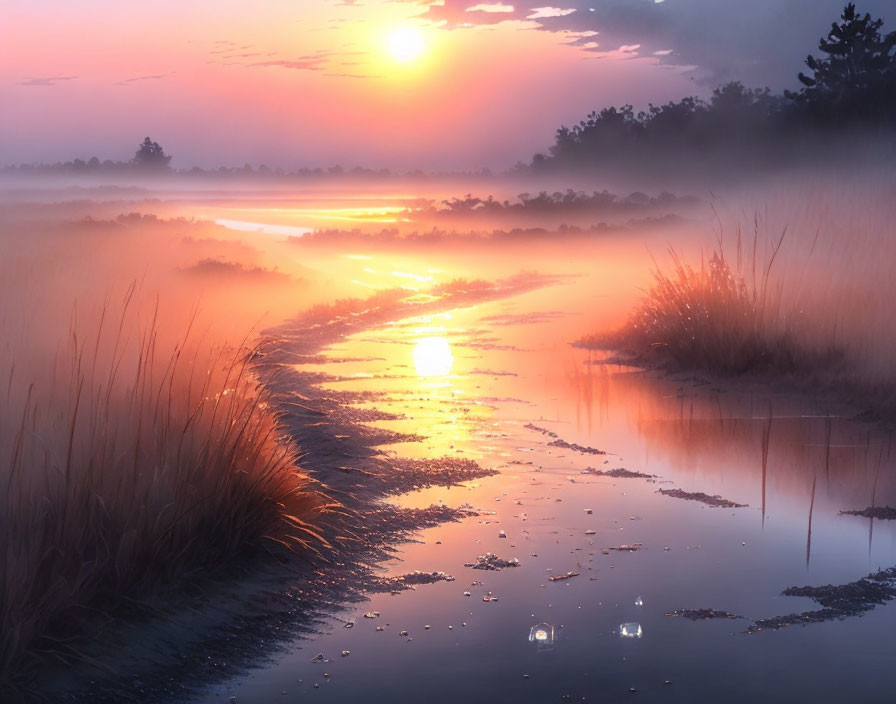 Misty landscape at sunrise with reflective water path