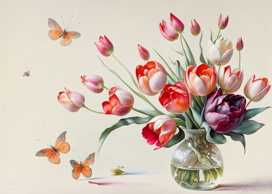 Multicolored tulips in glass vase with fluttering butterflies