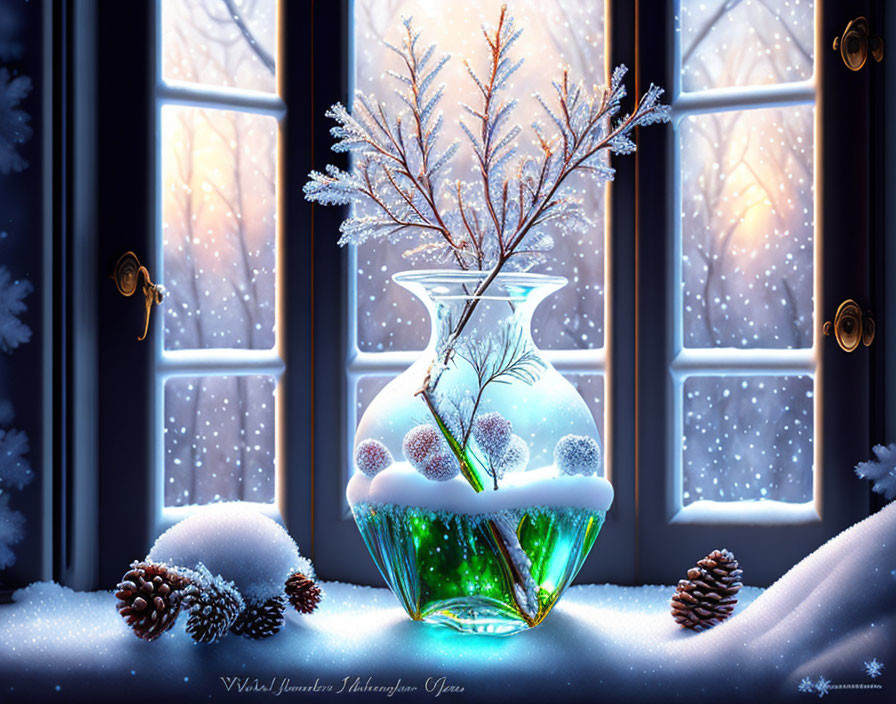 Snowy twigs in vase on windowsill with pinecones and frosty window backdrop.