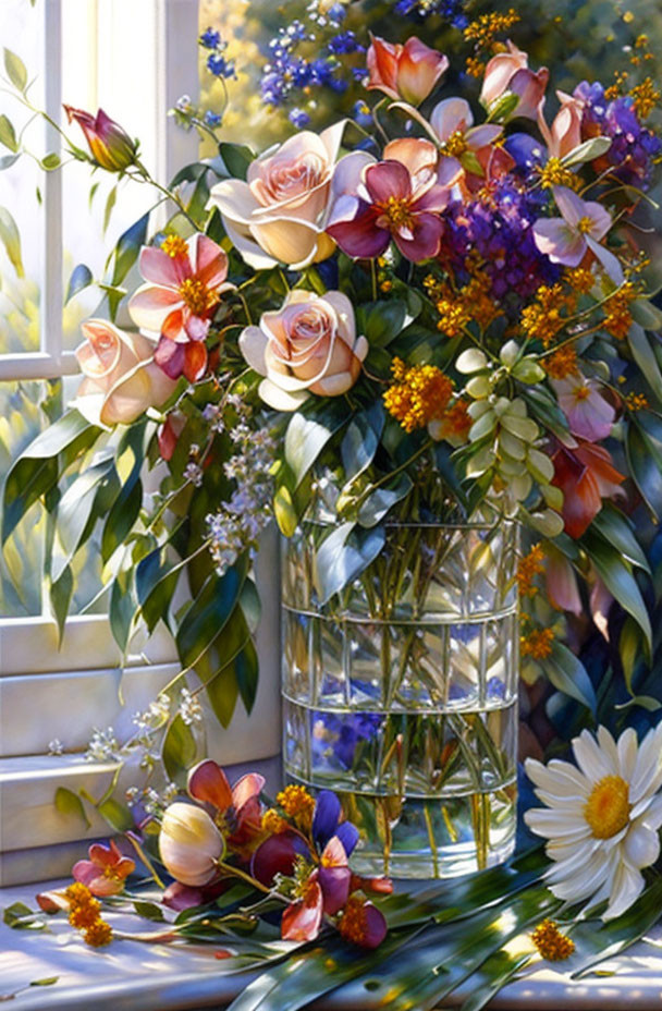 Assorted Flowers in Clear Vase Near Sunny Window