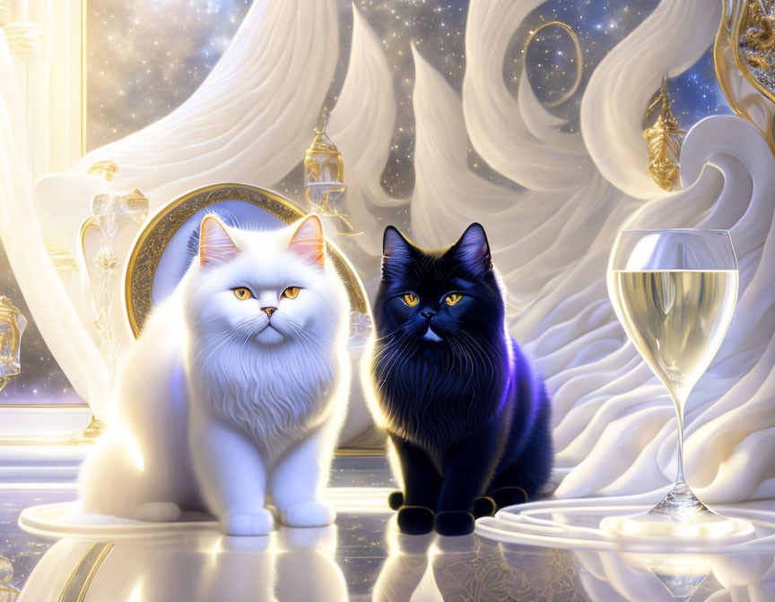 Regal white and black cats in opulent room with champagne