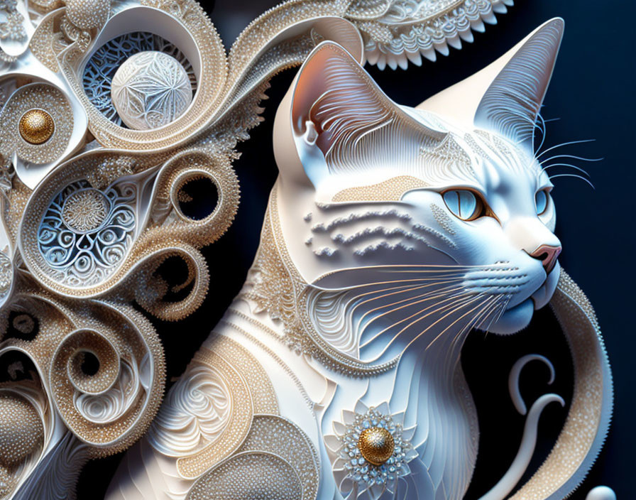 Detailed 3D cat illustration with white and gold filigree patterns