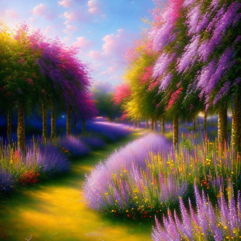 Colorful Landscape with Blossoming Trees and Flowers