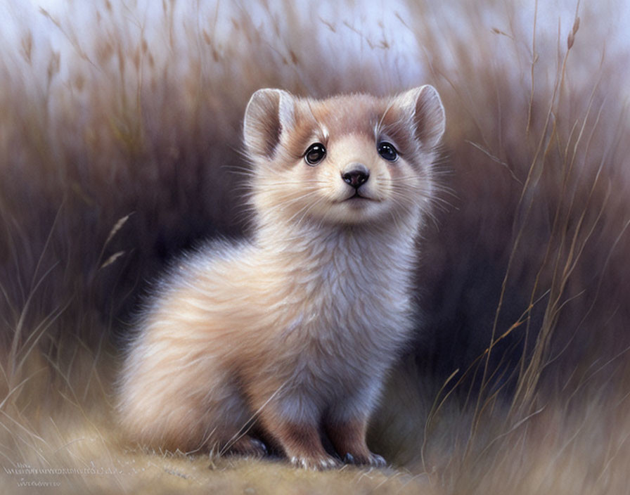 Curious weasel in tall dry grass with brown and white coat