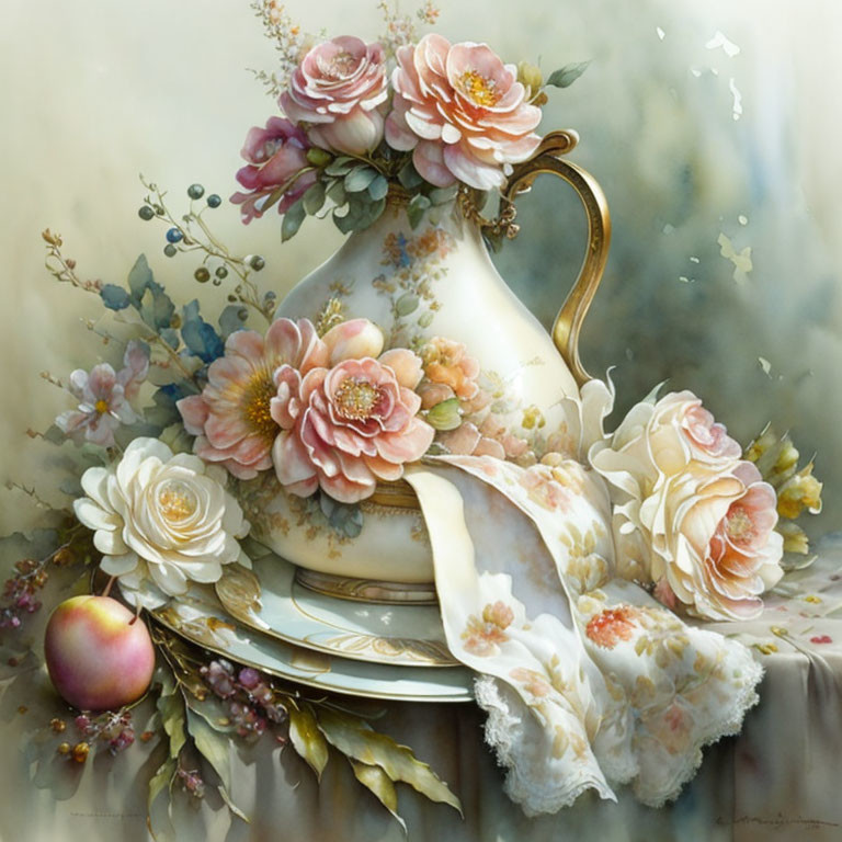 Classic Still Life Painting with Porcelain Teapot, Plates, Cup, Flowers, and Peach