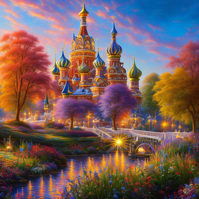 Colorful Cathedral and Bridge in Fantasy Scene