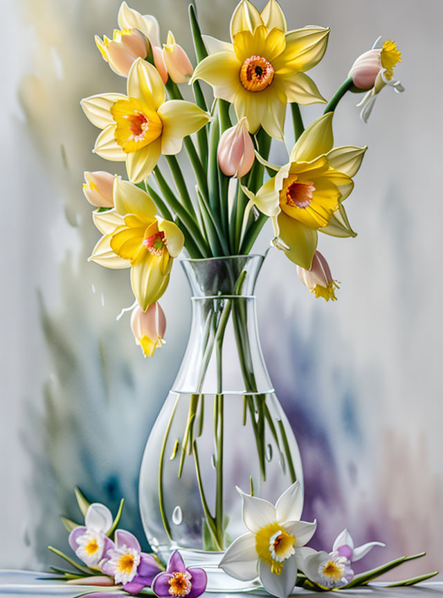 Yellow and White Daffodil Bouquet in Clear Glass Vase