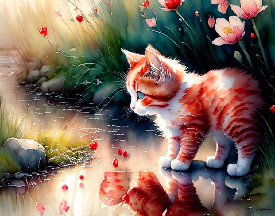 Colorful Painting: Orange and White Kitten by Pond with Reflection and Flowers