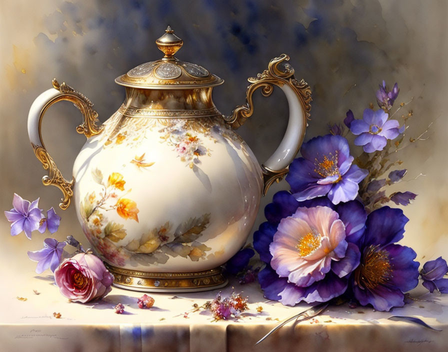 Gold-accented teapot with floral patterns among violet and pink blooms on speckled backdrop