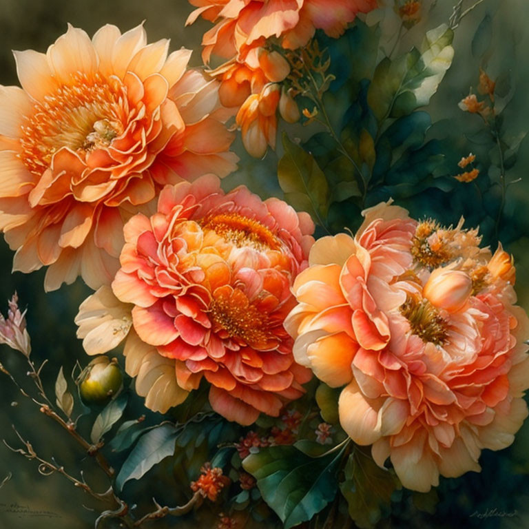 Vibrant orange peonies with green leaves on blurred background