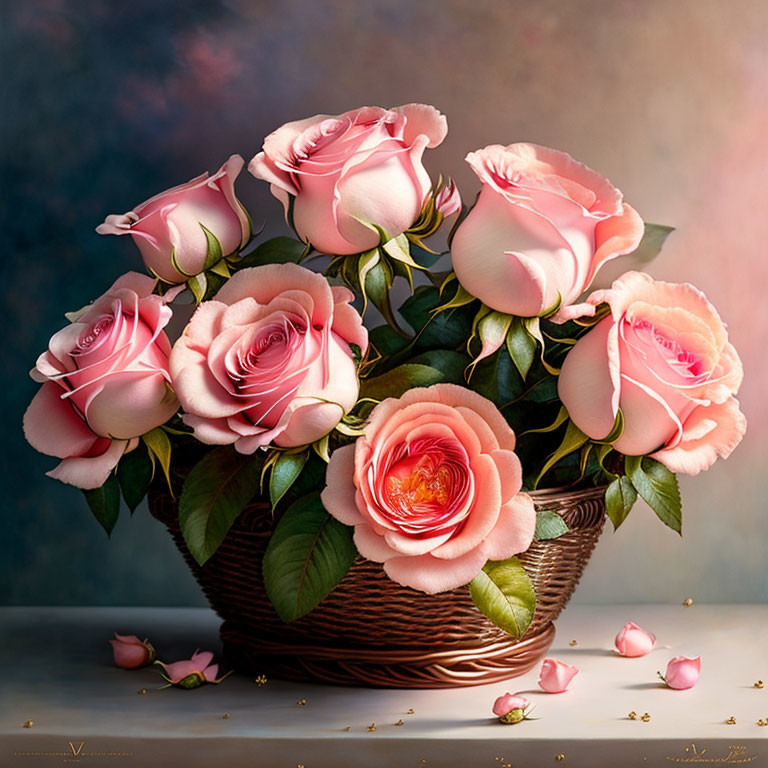 Pink roses bouquet in woven basket on textured background