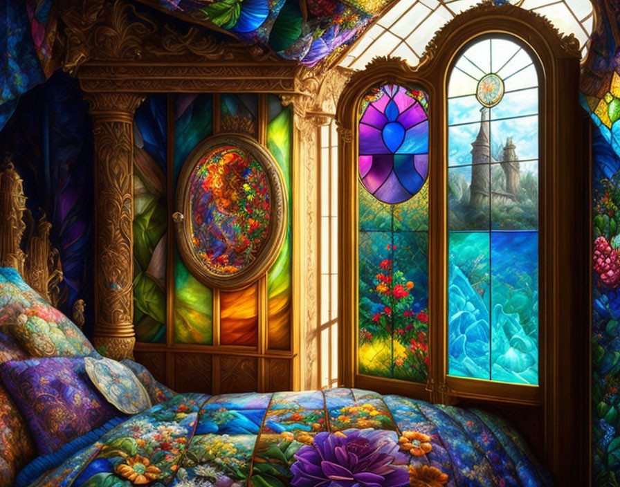 Colorful Fantasy-Themed Room with Stained-Glass Windows