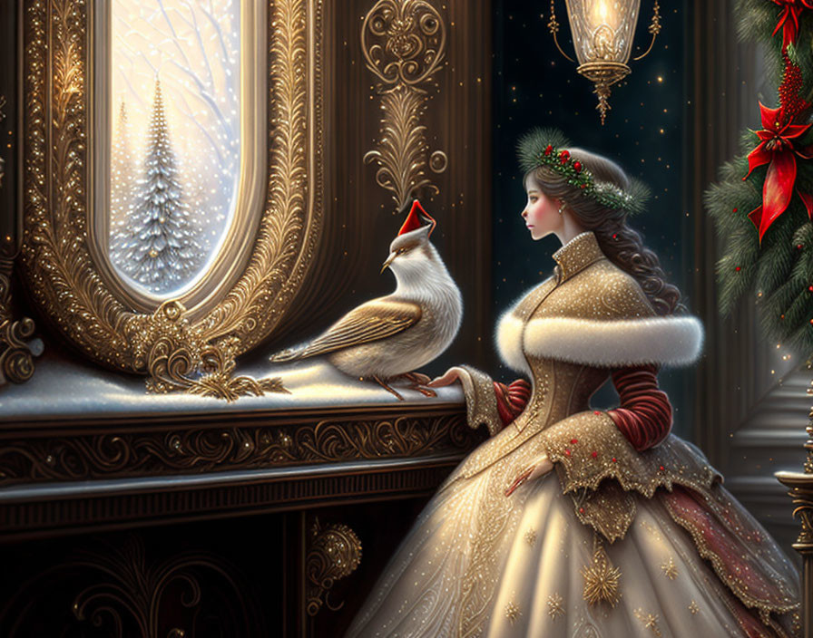 Vintage-dressed woman admires cardinal by frosted window with Christmas decor