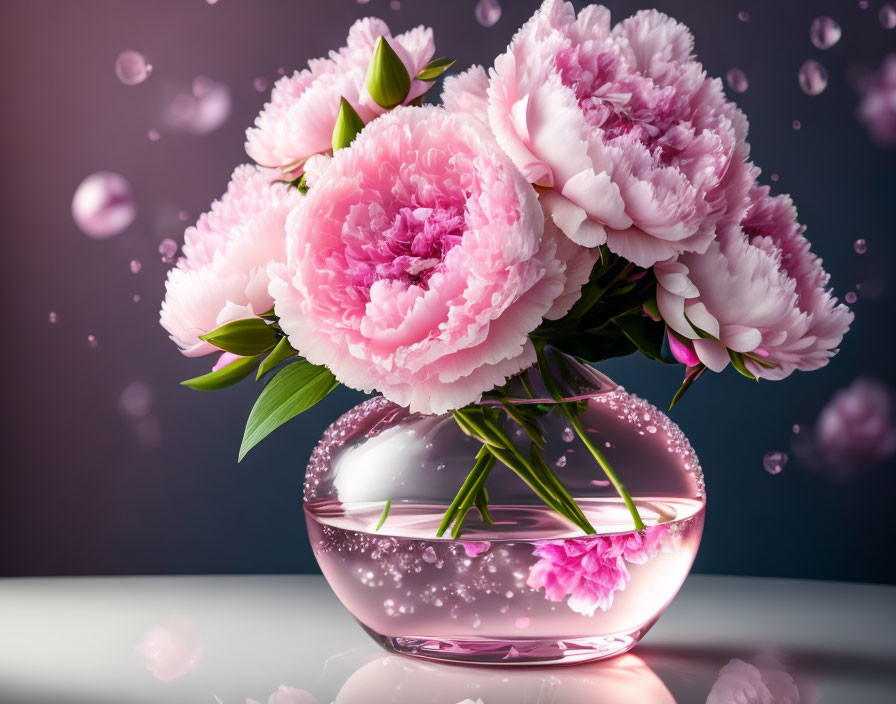 Pink peonies in transparent vase under soft lighting