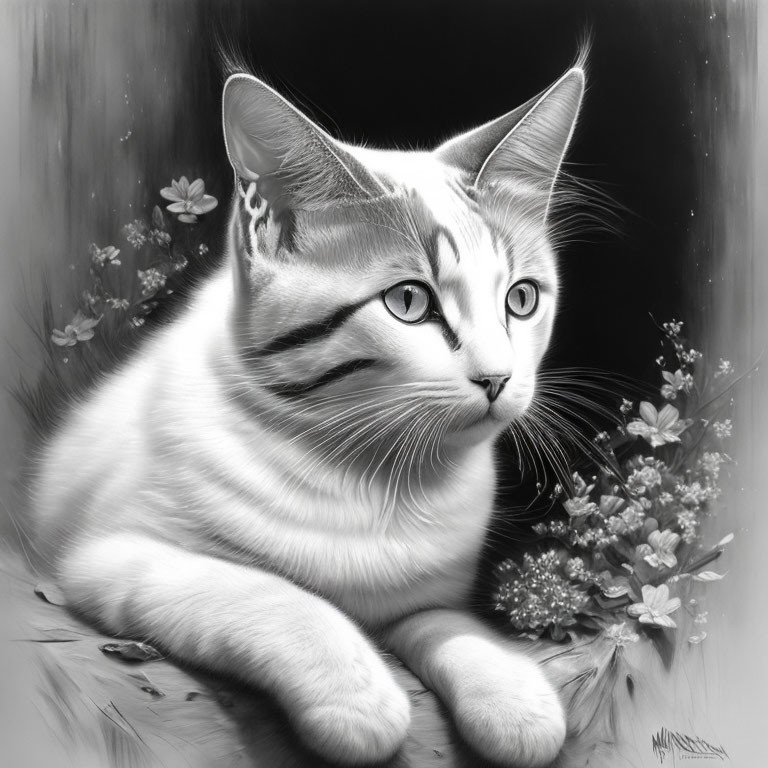 Monochrome digital painting of a cat with striking eyes amidst flowers