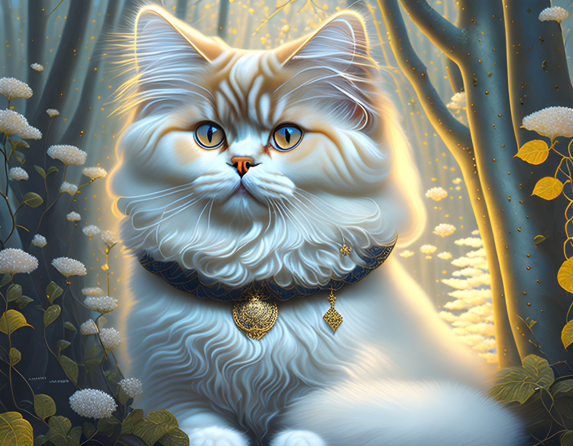 Fluffy White Cat with Blue Eyes in Enchanted Forest Setting