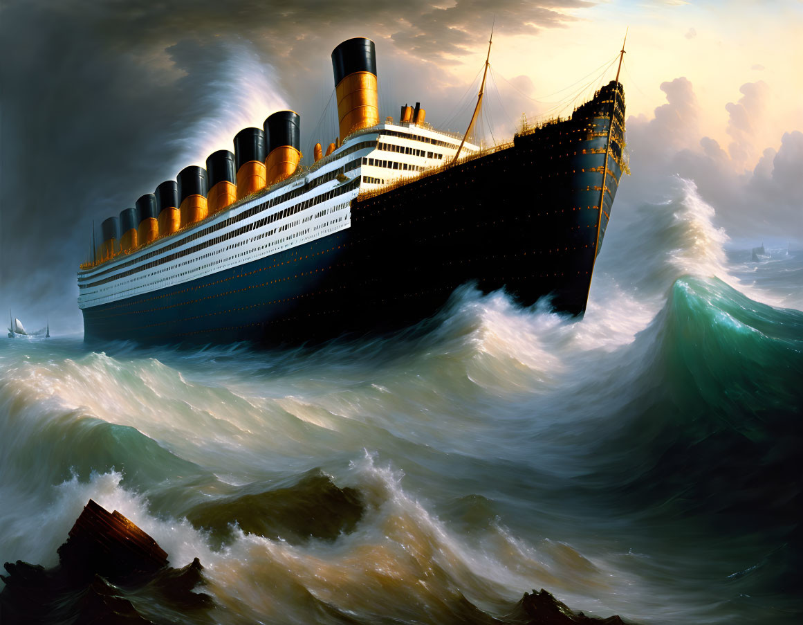 Ocean liner in stormy sea with turbulent waves & ominous clouds