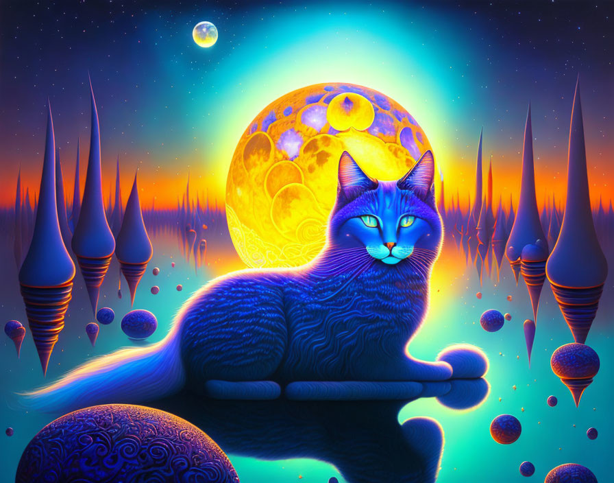 Vibrant digital artwork: Majestic blue cat in fantastical landscape