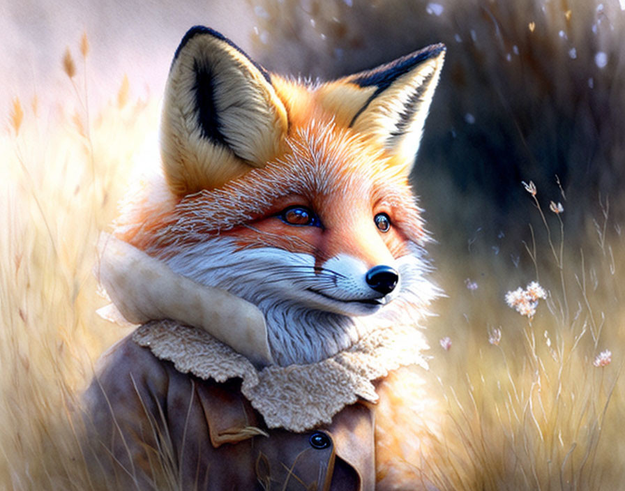 Illustration of anthropomorphic fox in vintage aviator jacket amidst golden grass