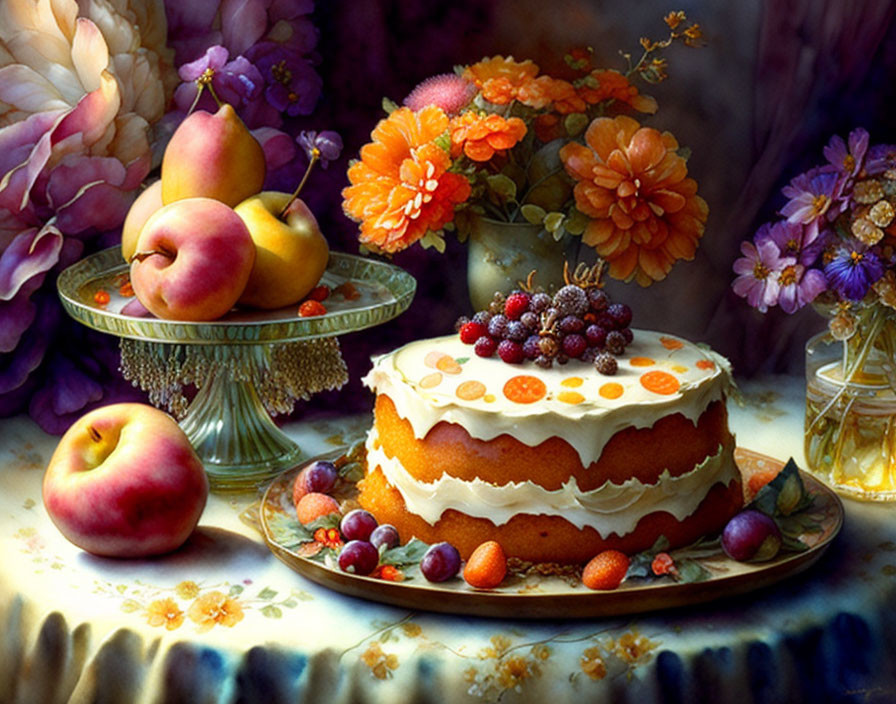 Elegant Still Life with Frosted Cake and Berries