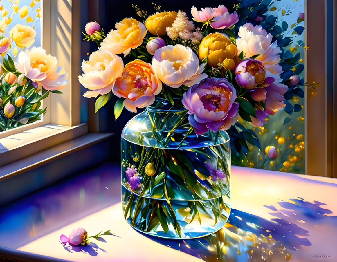 Colorful Peonies Bouquet in Glass Vase on Sunlit Windowsill