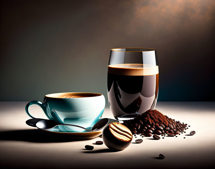 Assorted coffee drinks, beans, and cookie on dark surface