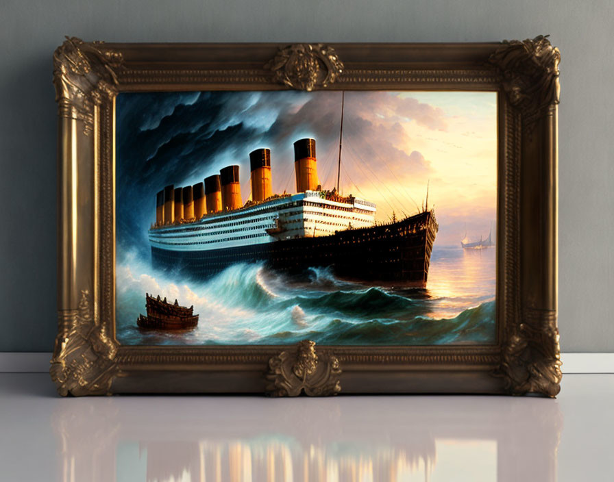 Vintage Ocean Liner Painting in Ornate Frame