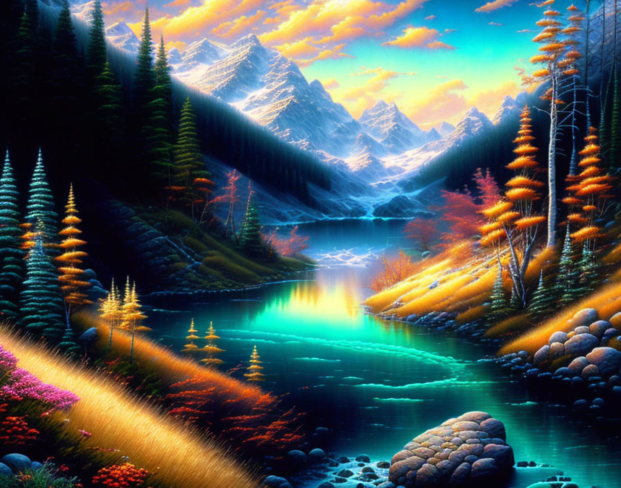 Colorful Trees and Glowing River in Sunset Valley