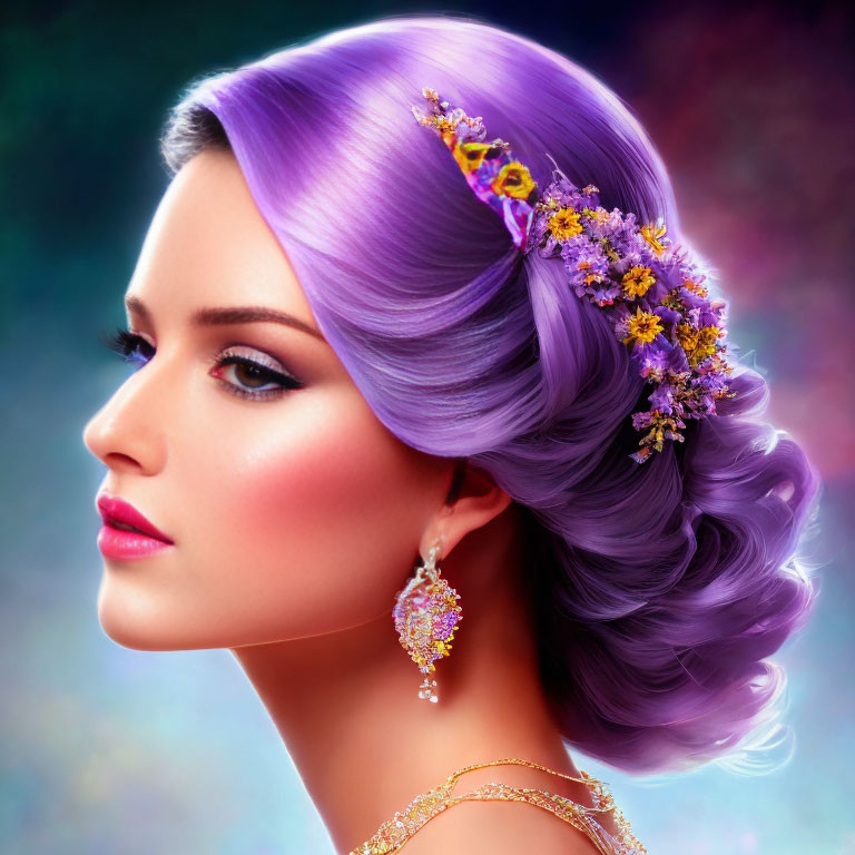 Lilac-haired woman with yellow flower hair accessories and gold jewelry on soft background