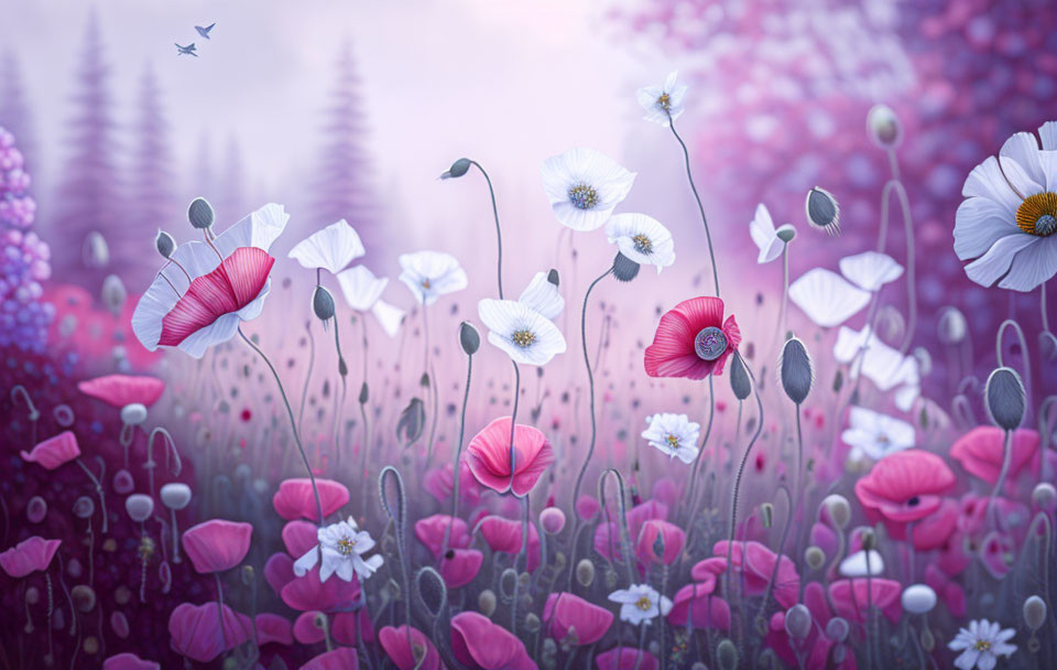 Tranquil white and pink poppy field with soft purple background