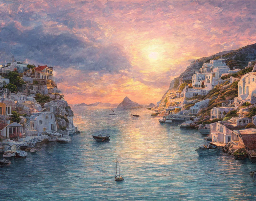 Pastel-colored coastal town at sunset with calm sea and islands in the distance