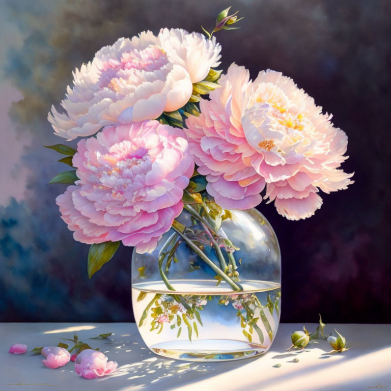 Realistic painting of pink peonies in glass vase with scattered petals and buds in soft light