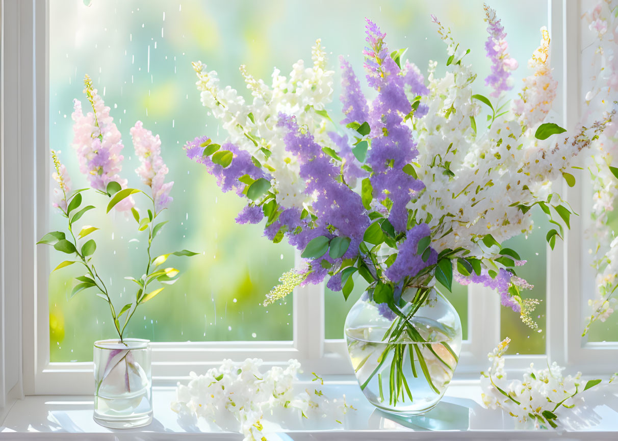 Vibrant Purple and White Flower Bouquet on Sunny Windowsill