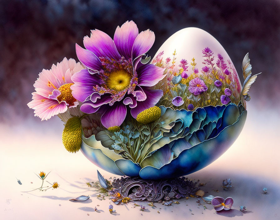 Colorful painting of ornate egg with flowers, plants, and butterflies