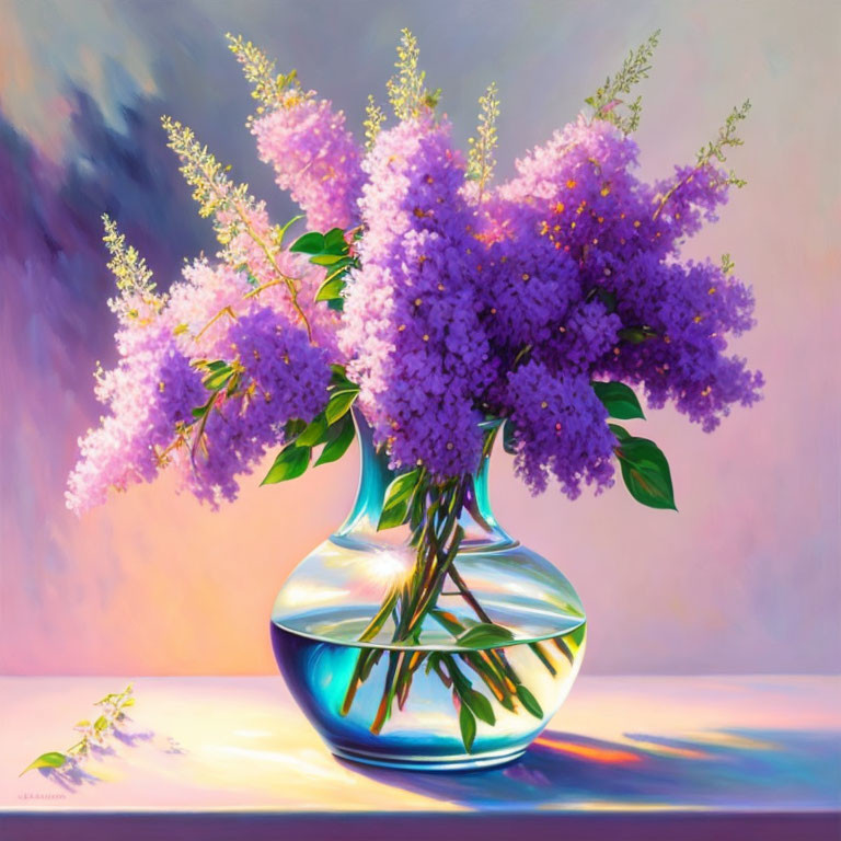 Purple Lilac Flowers Painting in Round Glass Vase with Reflective Light