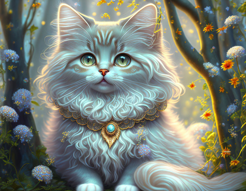 Illustrated fluffy cat with blue eyes in magical forest with blooming flowers