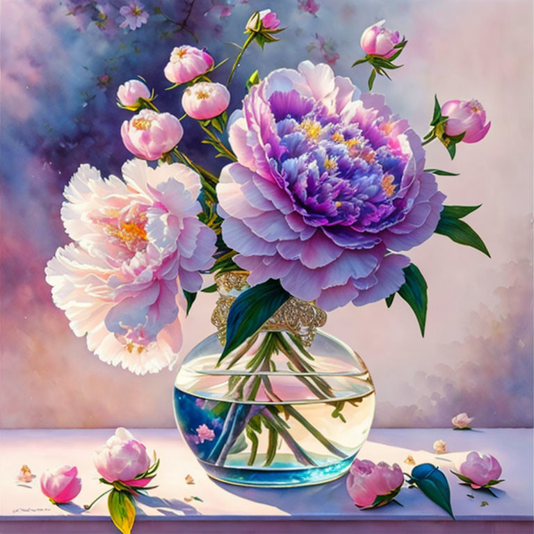 Colorful Pink and Purple Peonies in Glass Vase on Reflective Surface