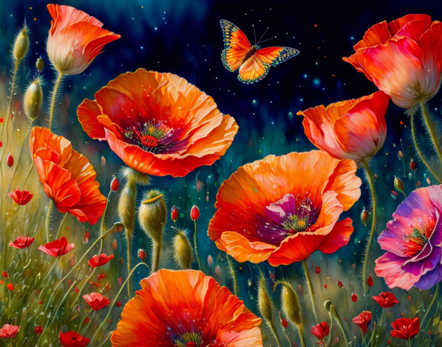 Vibrant red poppies and butterfly under starry night sky