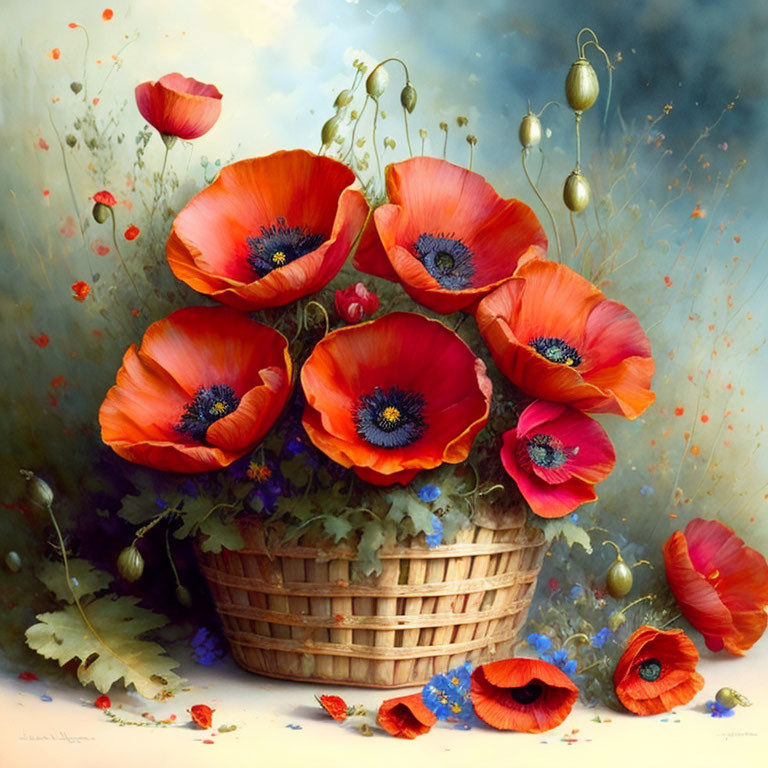 Colorful painting of red poppies in wicker basket with dreamy background