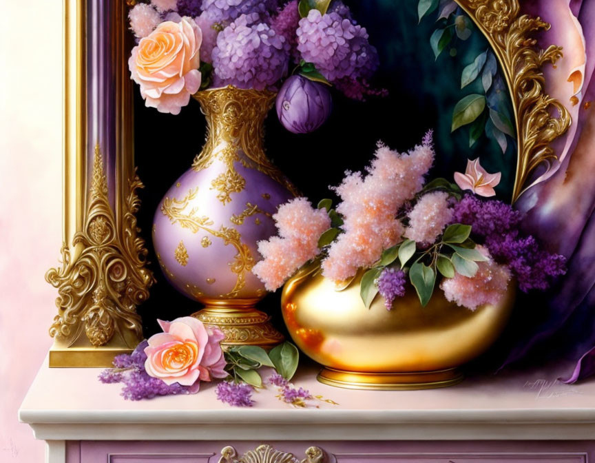 Ornate gold frame with vases and flowers in soft lighting