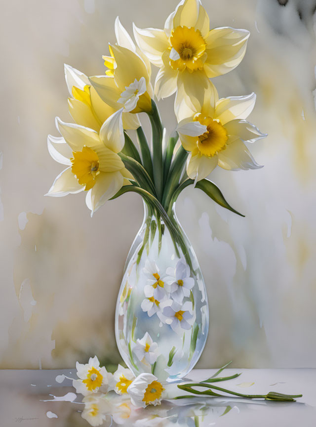 White and Yellow Flowers in Clear Vase with Petals and Leaves on Reflective Surface