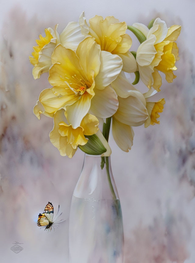 Yellow and white daffodils in clear vase with butterfly on textured backdrop