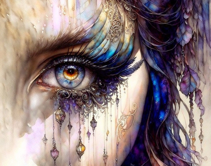 Detailed artistic illustration of vibrant eye with jewelry and feathers in blue and purple.