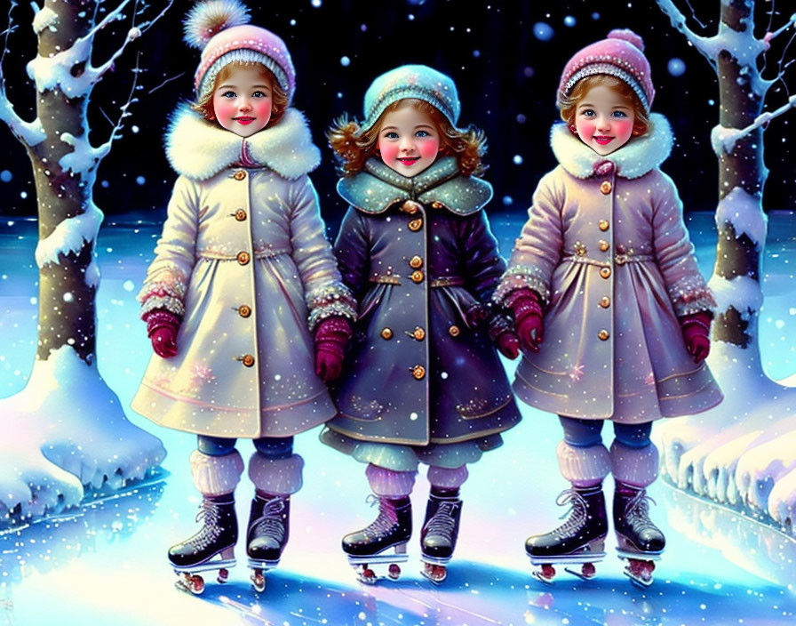 Three animated girls in matching winter coats and ice skates in snowy night scene