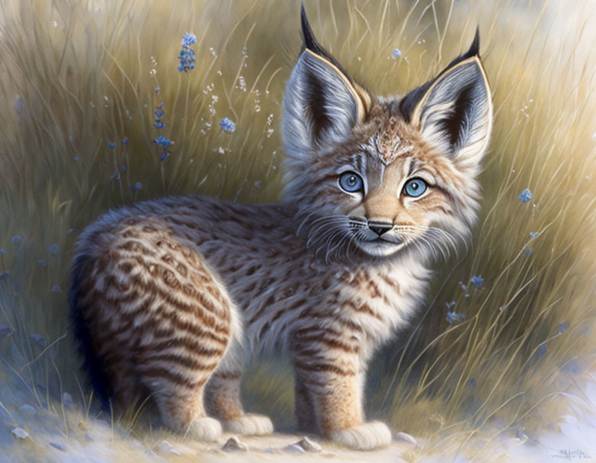 Young Lynx in Field with Tall Grass and Blue Flowers