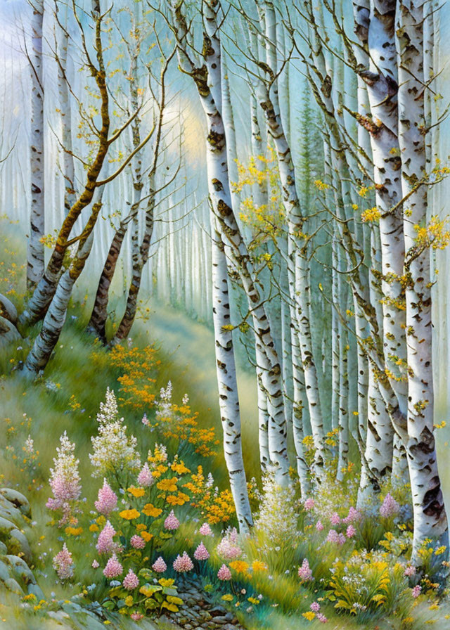 Tranquil forest scene with birch trees, sun rays, and wildflowers