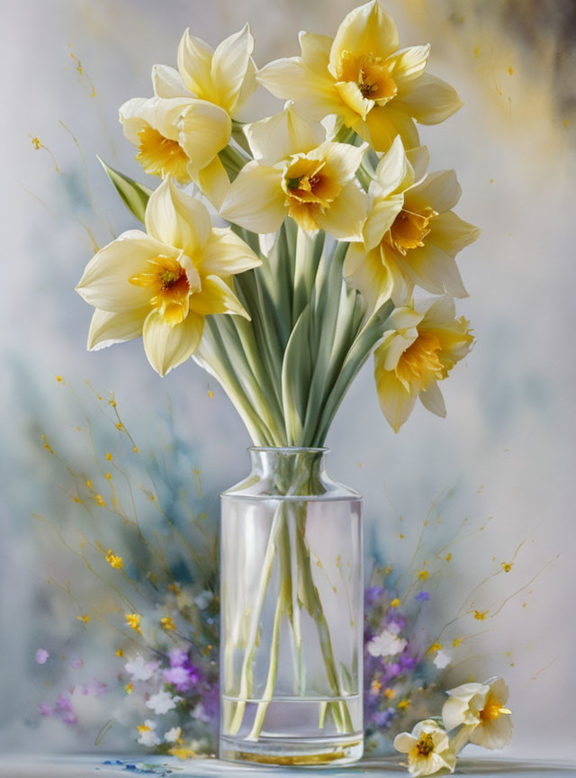 Yellow Daffodils Bouquet in Clear Glass Vase with Wildflowers and Pastel Background