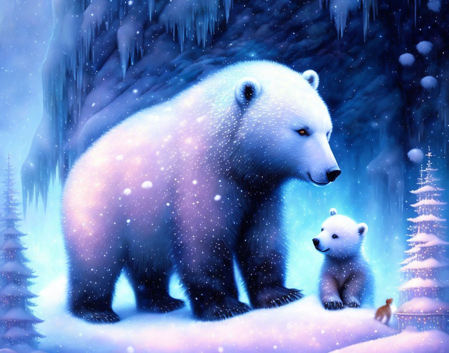 Polar bear and cub in snowy landscape with falling snowflakes