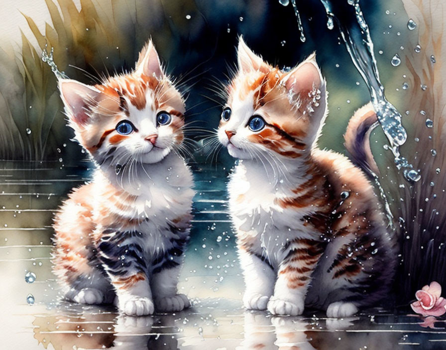 Adorable orange and white kittens with pink flower and water droplets