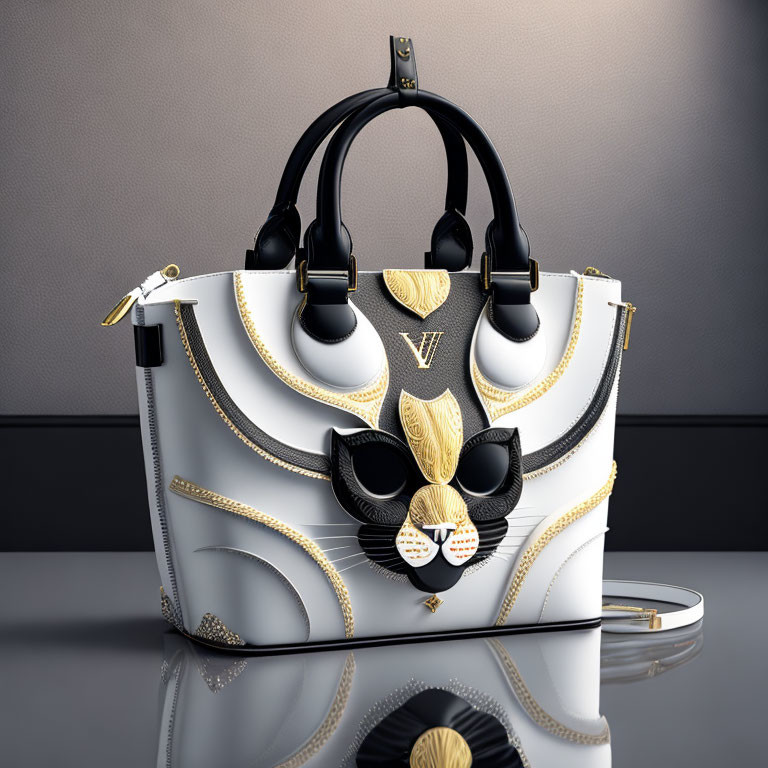 White Designer Handbag with Cat Face Motif and Gold Embellishments